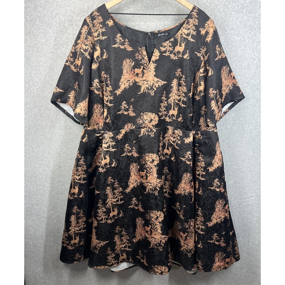 eShakti Dress Women 4X Black Gold Deer Forest Brocade Fit Flare Short Sleeve EUC
